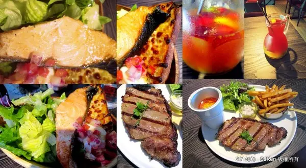 「瓦法奇朵咖啡館」: 鮮嫰多汁份量十足的頂級肋眼牛排與鮭魚套餐。