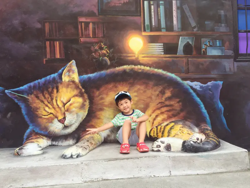 雲林虎尾頂溪彩繪社區。屋頂上的貓