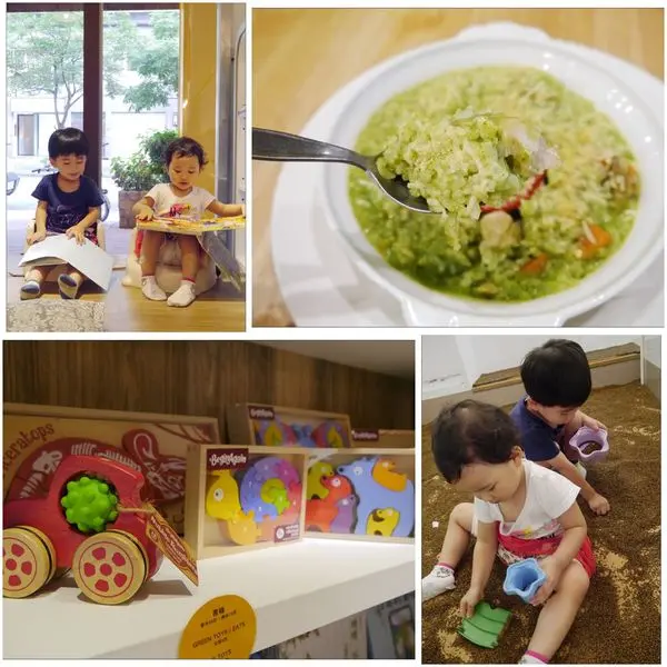 【台北中山區】兒童閱讀區．塗鴉區．積木區．音樂區．決明子室內玩沙區．友善、舒適又有質感的親子餐廳♥MOOOON SPRING CAFE&PLAY♥