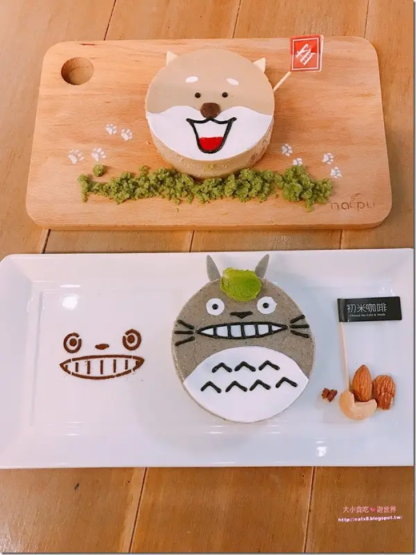 初米咖啡-臺北中山-抹茶控必喝漸層拿鐵，柴犬和龍貓蛋糕可愛又好吃