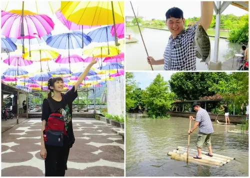【宜蘭員山景點】勝洋休閒農場，增設釣魚、魚咬腳皮、划竹筏體驗，門口還有好拍的彩虹傘！