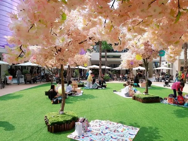 【林口三井outlet櫻花林】林口最新櫻花樹下野餐趣/中央廣場打照日本櫻花林草坪、野餐墊、表演、美食~陪我們度過悠閒的午後時光