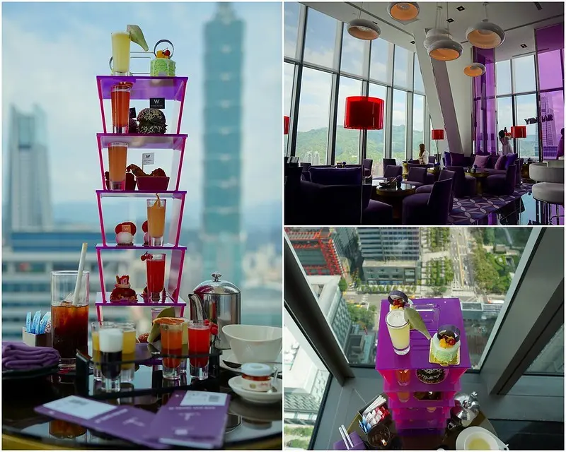 【台北信義│美食】台北W飯店31樓紫艷酒吧。望著101美景吃101造型甜點塔，每種甜點搭配一杯Shot，來點微醺吧