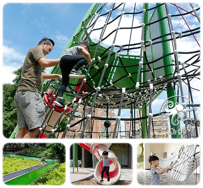 新北市特色公園【中和錦和運動公園】媲美沖繩公園的特色公園，5M、7M、28M滾輪滑道，四道磨石子溜滑梯、黃金豎琴、擺動長繩、高架攀爬網