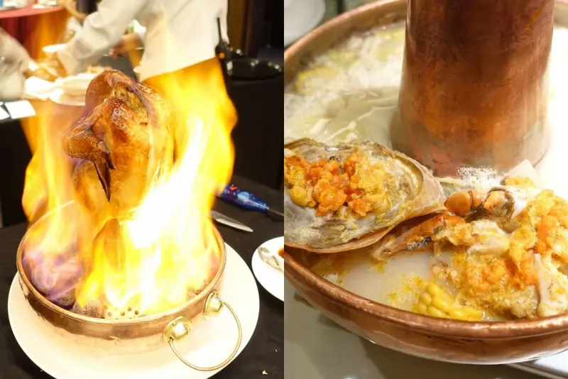  晶英酒店晶英軒 燃燒吧火鳥 視覺味覺雙享受 火焰石燒薩索雞噗哧噗哧的肉汁潺潺流出 堂灼活紅蟳的火烤二吃還有火焰石燒桌邊秀!!