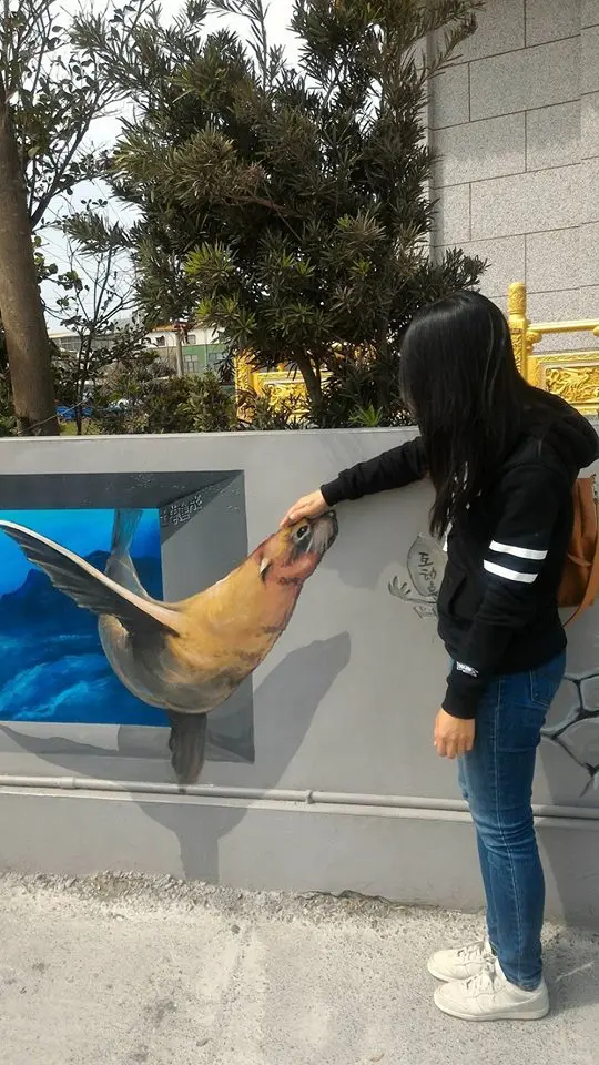嘉義布袋好美里超強3D彩繪  可以跟靜止的圖像互動  連大人都可以玩到不亦樂乎              