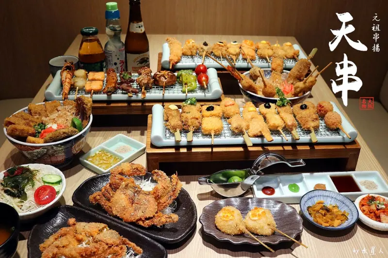 台中北區【天串元祖串揚】日式串揚炸物、串燒烤物還有酥脆噴汁的炸牛排丼飯，海鮮肉品一網打盡，日本大阪傳統料理