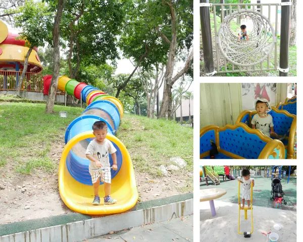 [屏東]在阿猴城門旁玩耍，小山丘上的彩色水管滑梯＆小型鑽籠＆挖土機遊具玩沙＆蔥寶小火車/屏東公園/屏東美術館/屏東玩沙親子景點
