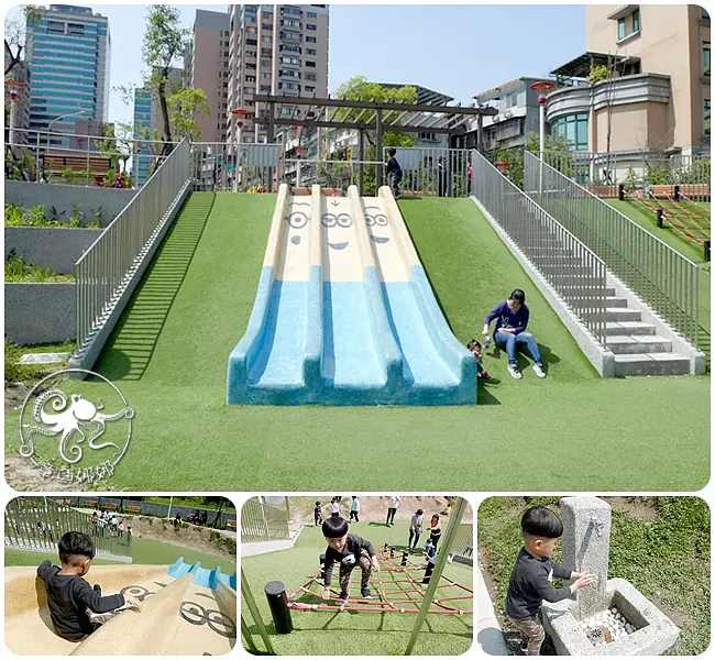 新北免費設施/特色遊戲場公園【富貴綠地】三道小小兵溜滑梯、攀爬網、滑草、小山丘、跳格子，場地不大卻意外不擁擠！家長休息區；看顧小孩不漏接