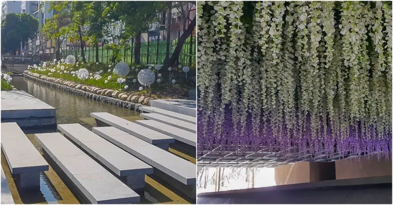 台中新景點-綠川:琴鍵河川倒影.橋下滿滿花束.S型河道.發光蒲公英.夜間點燈.地址.大眾運輸.台中一日遊