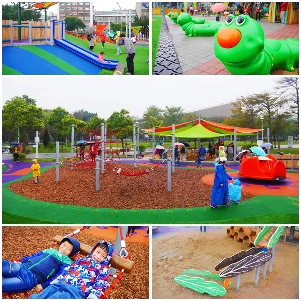 【台北親子】舞蝶共融遊戲場。昆蟲造型元素 滾輪溜滑梯、沙坑、繩索攀爬區。無障礙遊樂設施 身障孩童也可玩。花博公園 舞蝶館。免費溜滑梯公園。捷運圓山站