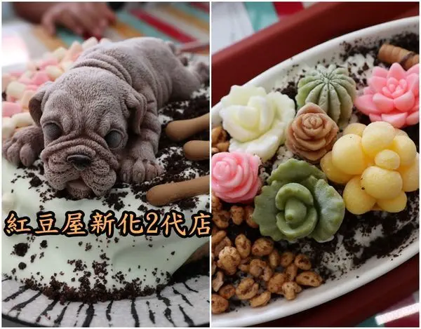 【台南新化區】『紅豆屋新化二代館』~萌翻天慕斯旺旺蛋糕雪花冰，超療癒肉多多盆栽雪花冰～雪花冰創意無極限！
