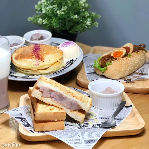 【台北美食】Morning Go Brunch 小巨蛋附近的早午餐 飽足感十足 必點限量芋頭鮮奶 芋頭系列超好吃 多種三明治口味 粉漿蛋餅