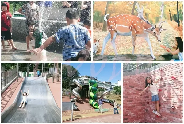 【新北｜鶯歌景點】永吉公園｜小而美的特色公園，3D壁畫造景、沙坑、會自動灑水降溫的溜滑梯，還有最消暑的戲水池。 - 1個媽咪2個寶