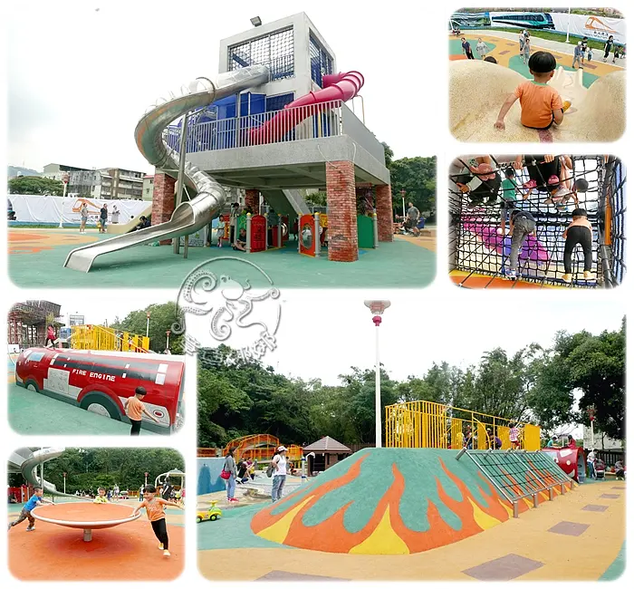 鶯歌特色公園▋親子景點【古鐘樓公園】刺激好玩！兩層樓高的金屬旋轉溜滑梯、火山遊戲場、兩座沙坑、旋轉盤、幼兒遊戲區，歡迎0-3歲來玩喔！