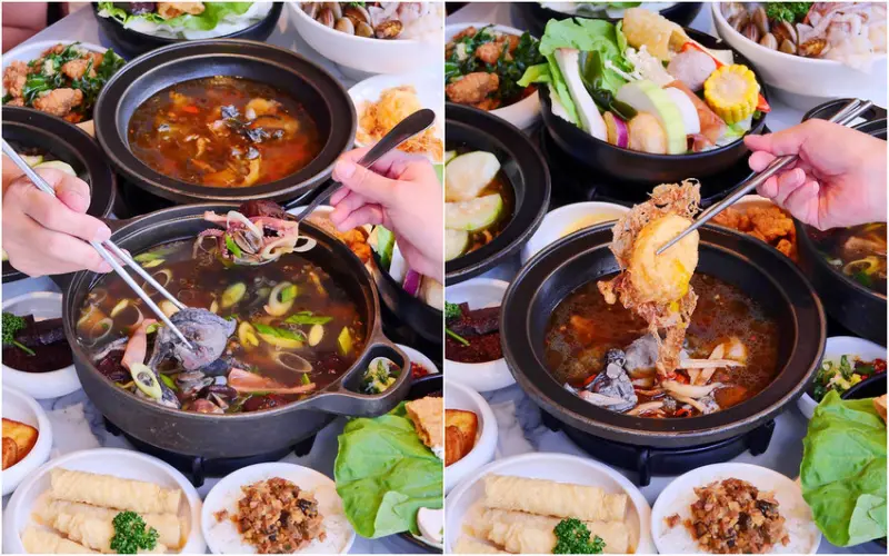 萬客什鍋：天天大客滿/台菜經典魷魚螺肉蒜烏骨雞鍋料超多必點/麻油炸蛋必吃