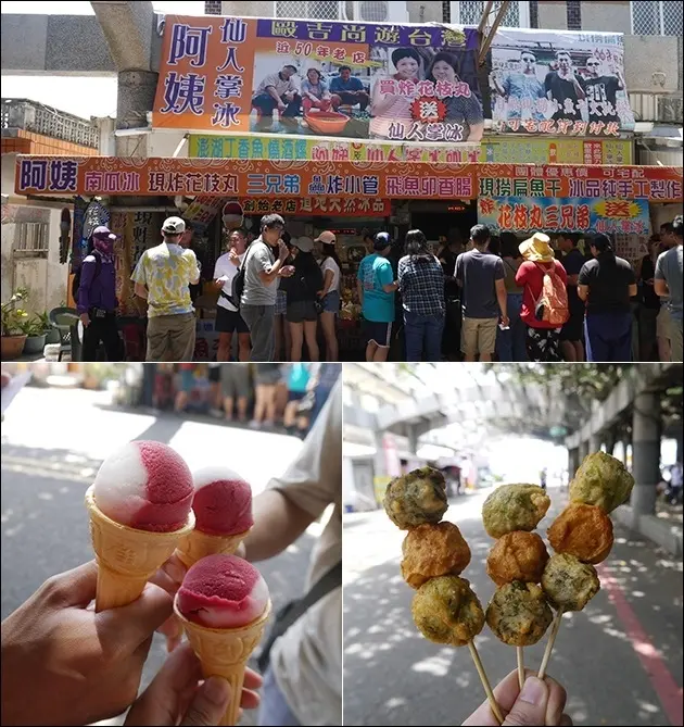 【澎湖小吃】阿姨仙人掌冰，買現炸花枝丸三兄弟(海菜、紫菜、原味三種口味)送仙人掌冰(籚薈檸檬、仙人掌兩種口味)。公司旅遊-澎湖3日遊