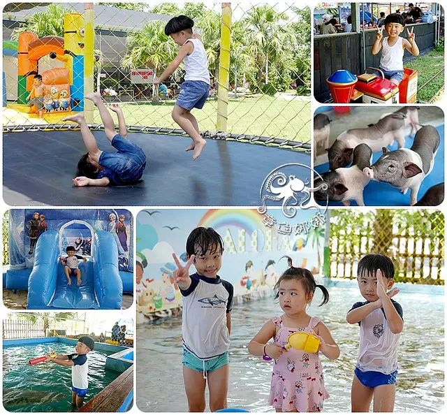 桃園親子景點【五陽城市原創農場】桃園市裡的水陸樂園！$390元BBQ自助火烤吃到飽，水中投籃與水中溜滑梯、可愛小豬、沙坑區、彈跳床、氣墊床、遊戲室！