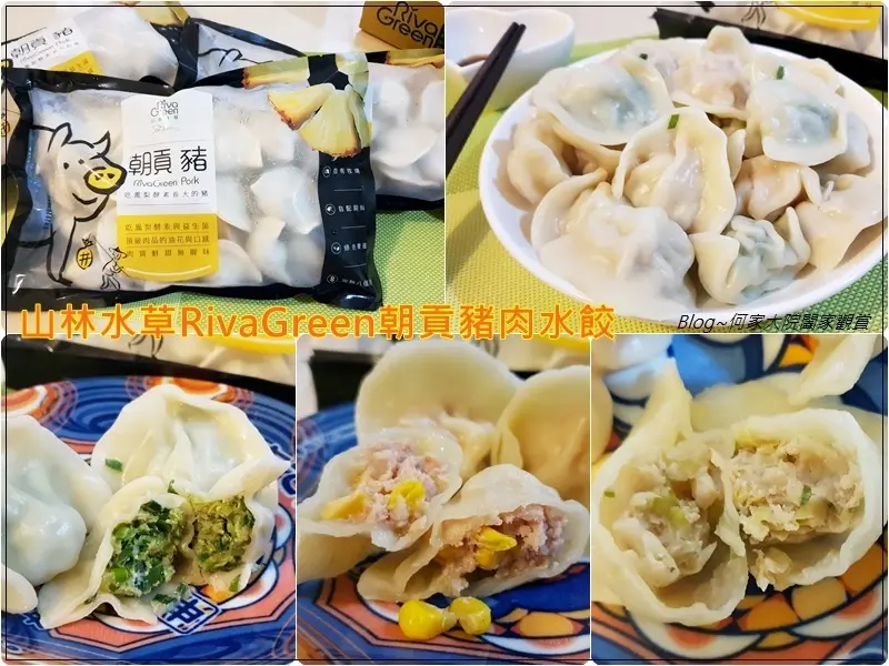 [宅配水餃推薦]山林水草RivaGreen朝貢豬肉水餃(高麗菜+韭菜+玉米口味)~吃鳳梨酵素長大的豬/鮮甜無腥味/手工水餃/宅配開箱分享/食譜/氣炸水餃湯餃焗烤水餃
