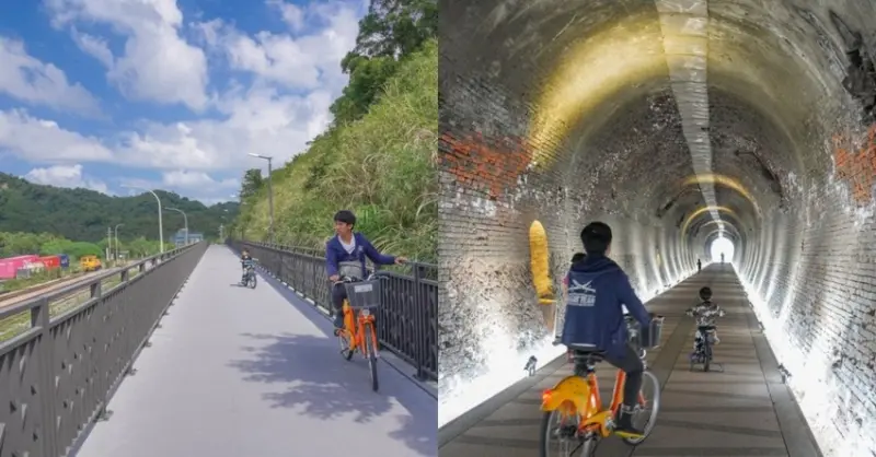 新北汐止｜五堵台鐵舊隧道自行車道～基隆河濱左岸，不用跟大車併行，超美山線自行車步道～百年紅磚隧道、親子一日遊出發囉～