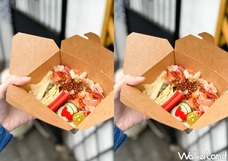 ▲桃園平價日本料理「歐告卷壽司」推薦菜單：珠寶生魚丼 $209（外帶自取8折） / WalkerLand窩客島 蕭芷琳 拍攝