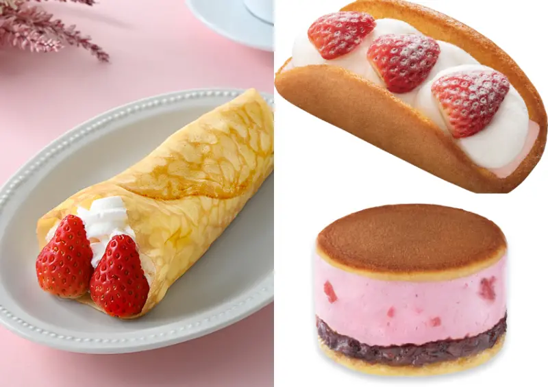 ▲日本全家「草莓採摘季 2025」極厚草莓紅豆生銅鑼燒 ¥268、草莓可麗餅 ¥378 / ファミリーマート提供、WalkerLand窩客島整理