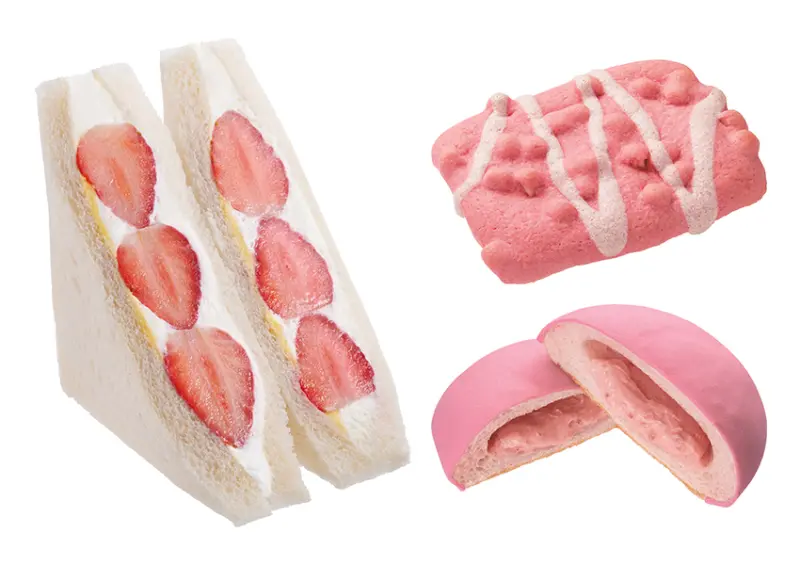 ▲日本全家「草莓採摘季 2025」草莓鮮奶油三明治 ¥430、草莓果實麵包 ¥138 / ファミリーマート提供、WalkerLand窩客島整理