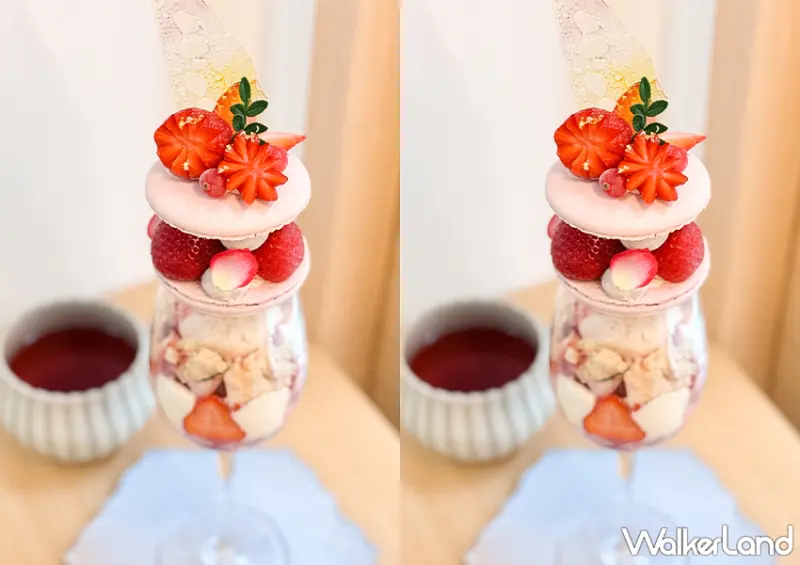 ▲▼ 台北咖啡廳「添糖法式甜點 Le Ciel」推薦菜單：粉紅泡泡草莓水蜜桃芭菲 $720/ WalkerLand窩客島 蕭芷琳 拍攝