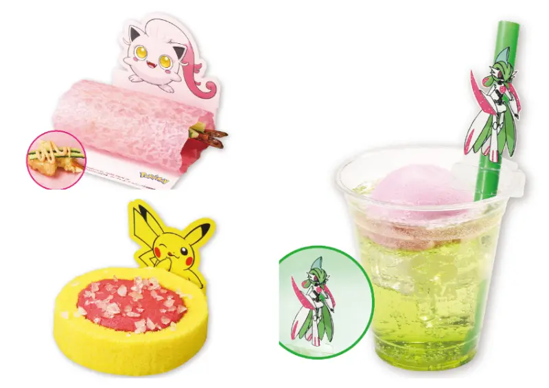 ▲「日本藏壽司 x 寶可夢」聯名餐點：吼叫尾炸蝦天婦羅可麗餅手卷、鐵武者蜜桃哈密瓜蘇打、皮卡丘蹭蹭臉頰瑞士卷 / くら寿司提供、WalkerLand窩客島整理