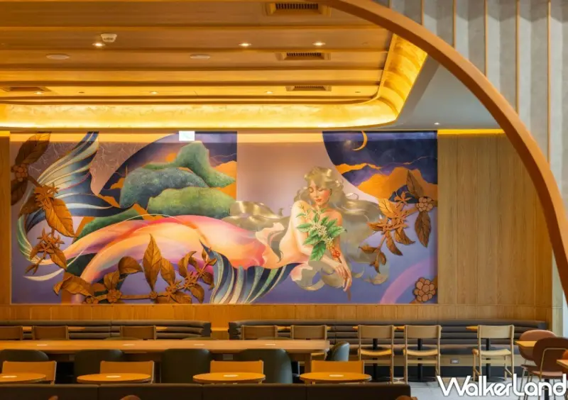 ▲星巴克lalaport利用流線型分割線條搭配石材、木質與古銅金屬 / 星巴克 提供、WalkerLand窩客島整理