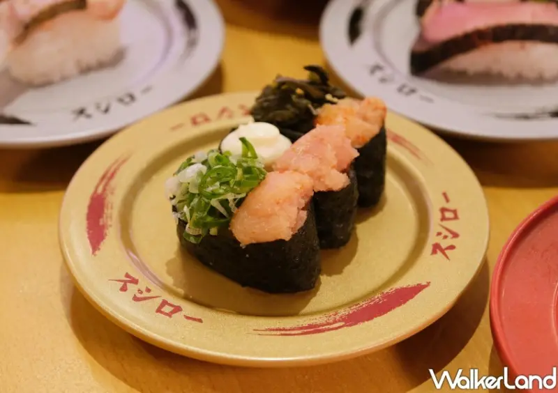 ▲壽司郎新品福岡的「YAMAYA明太子三兄弟軍艦」 / WalkerLand窩客島 鄭雅之 拍攝