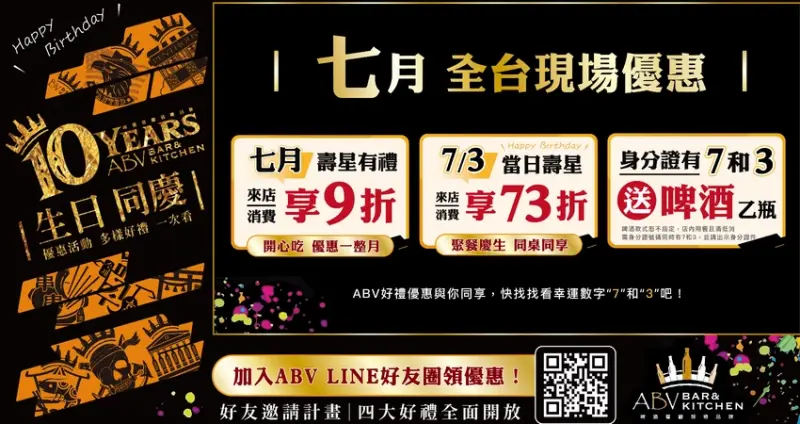 ABV十週年爽喝一整月!壽星9折、身分證送啤酒、轉盤抽獎爽中73折,LINE好友再享四大好禮