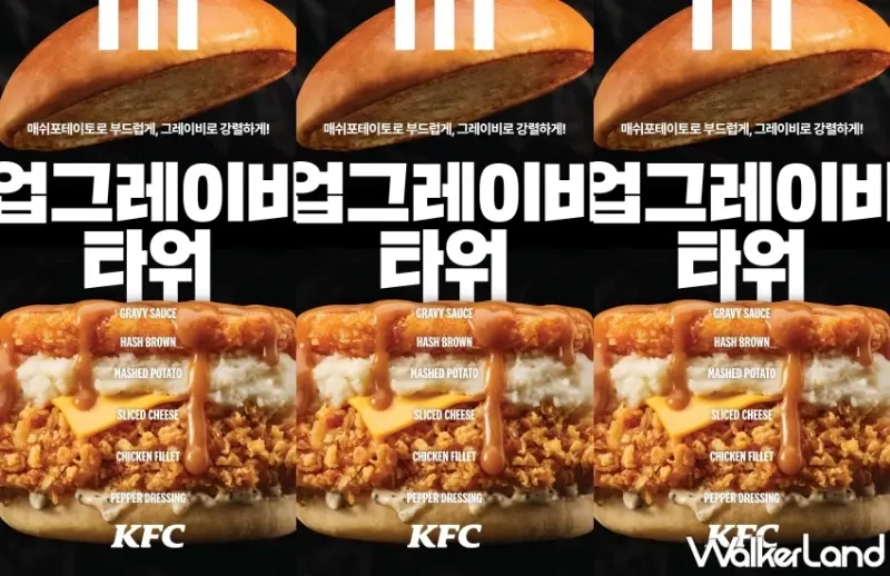 韓國熱量爆表漢堡！肉汁薯泥咔啦雞腿堡即將登台，台灣肯德基宣布引進UpGravy Tower Burger 。