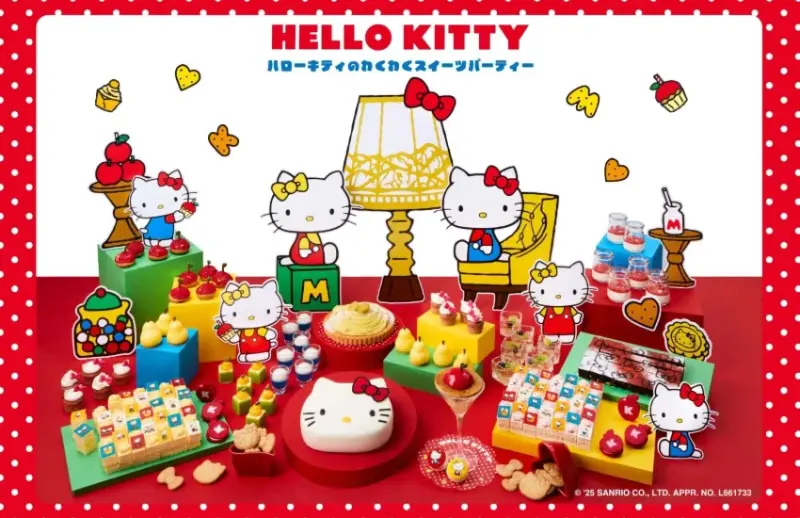 Hello Kitty＆雙胞胎妹妹Mimmy主題甜點吃到飽，打造70年代復古風「Hello Kitty歡樂甜點派對」。